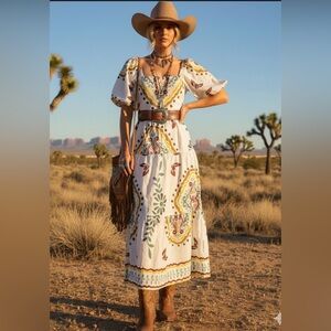 Meadow Rhodes  Boutique Boho Maxi Dress 100% Cotton Puff Sleeve Smocked size M